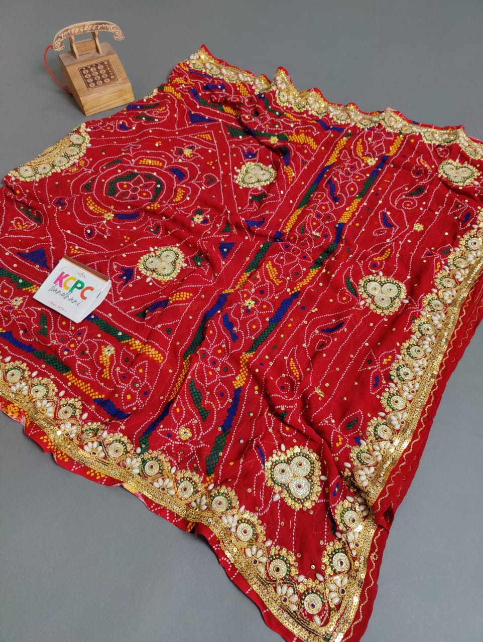 KcPc New Marwadi Chunri Pila Dupatta With Stone work Handmade bandhani Dyeing , OR