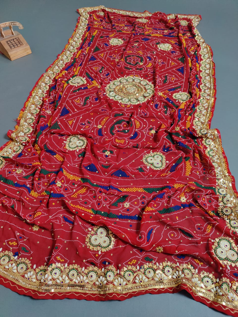 KcPc New Marwadi Chunri Pila Dupatta With Stone work Handmade bandhani Dyeing , OR