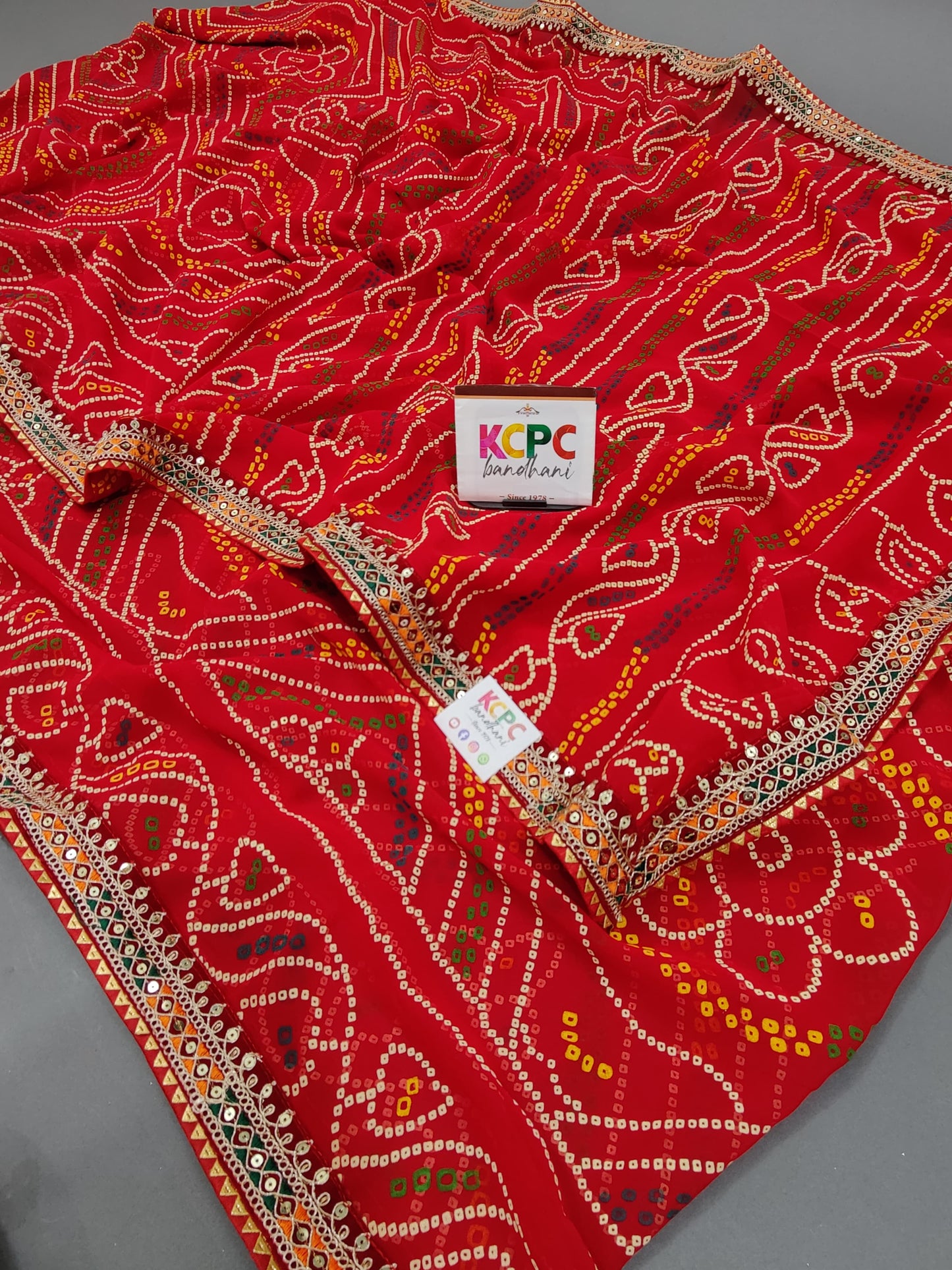 Pure Georgette Rajsthani Chunri Bandhej Gotapatti Work Saree, IR, kc