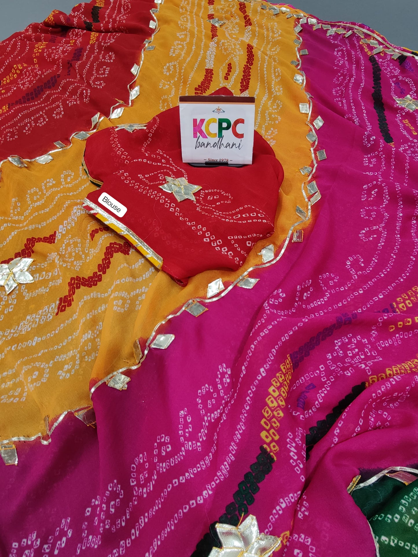 Pure Georgette Multi Colour Leheriya Bandhej Gotapatti Work Saree, NR, mhs