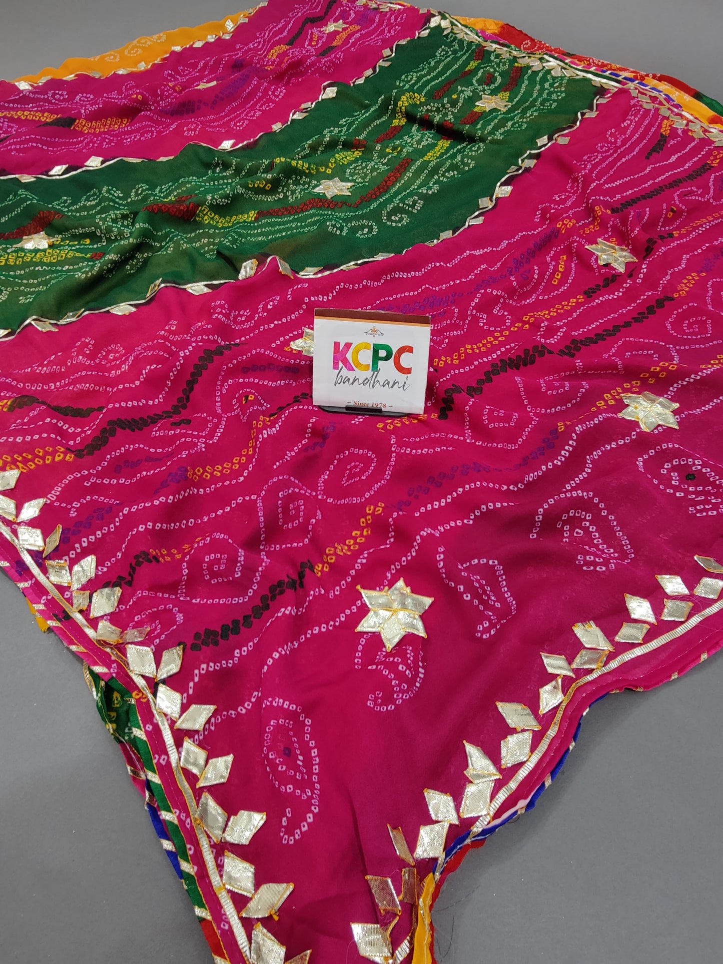 Pure Georgette Multi Colour Leheriya Bandhej Gotapatti Work Saree, NR, mhs