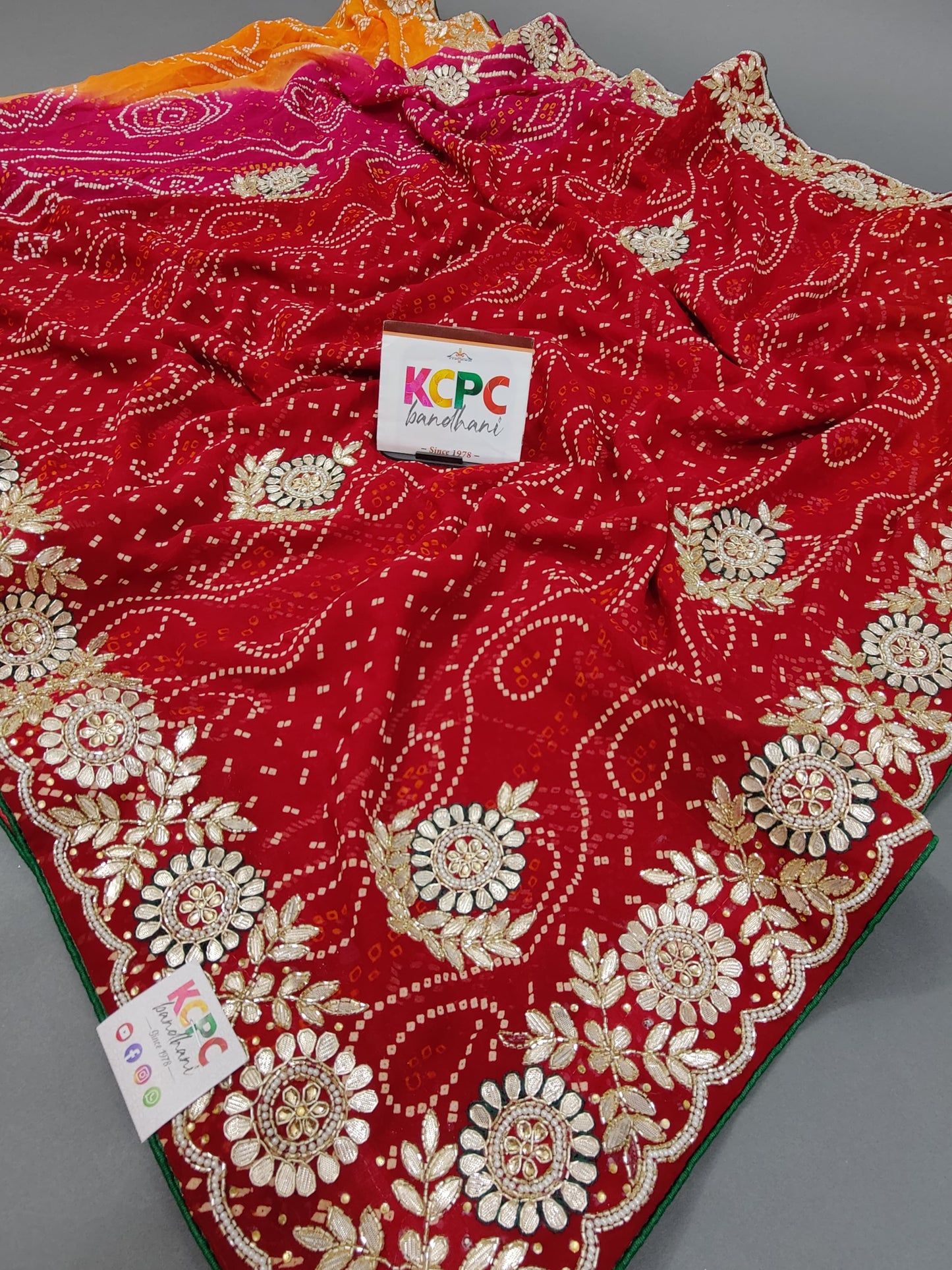 Pure Georgette Raidana Bandhej Gotapatti Pachrangi Chunri Jaipuri Saree  SL