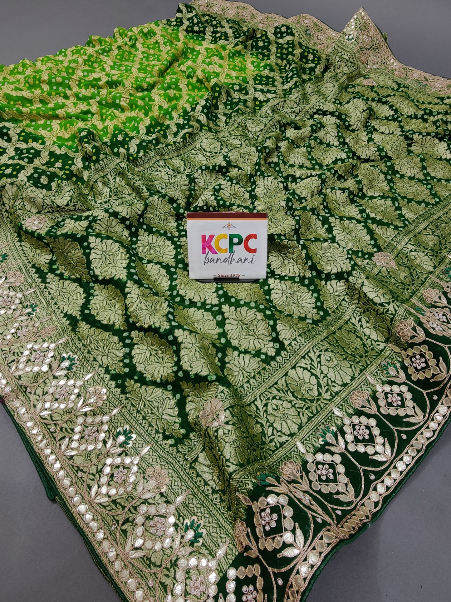 Pure Khaddi Georgette Upada Janglaw Neemzari Bandhej Gotapatti Work Saree amt