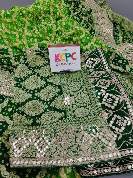 Pure Khaddi Georgette Upada Janglaw Neemzari Bandhej Gotapatti Work Saree amt