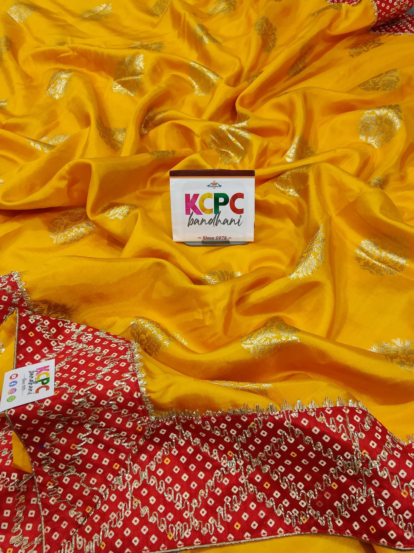 KCPC Exclusive Designer Maheshwari Cotton Silk Bandhani Border Gotapatti Saree with blouse