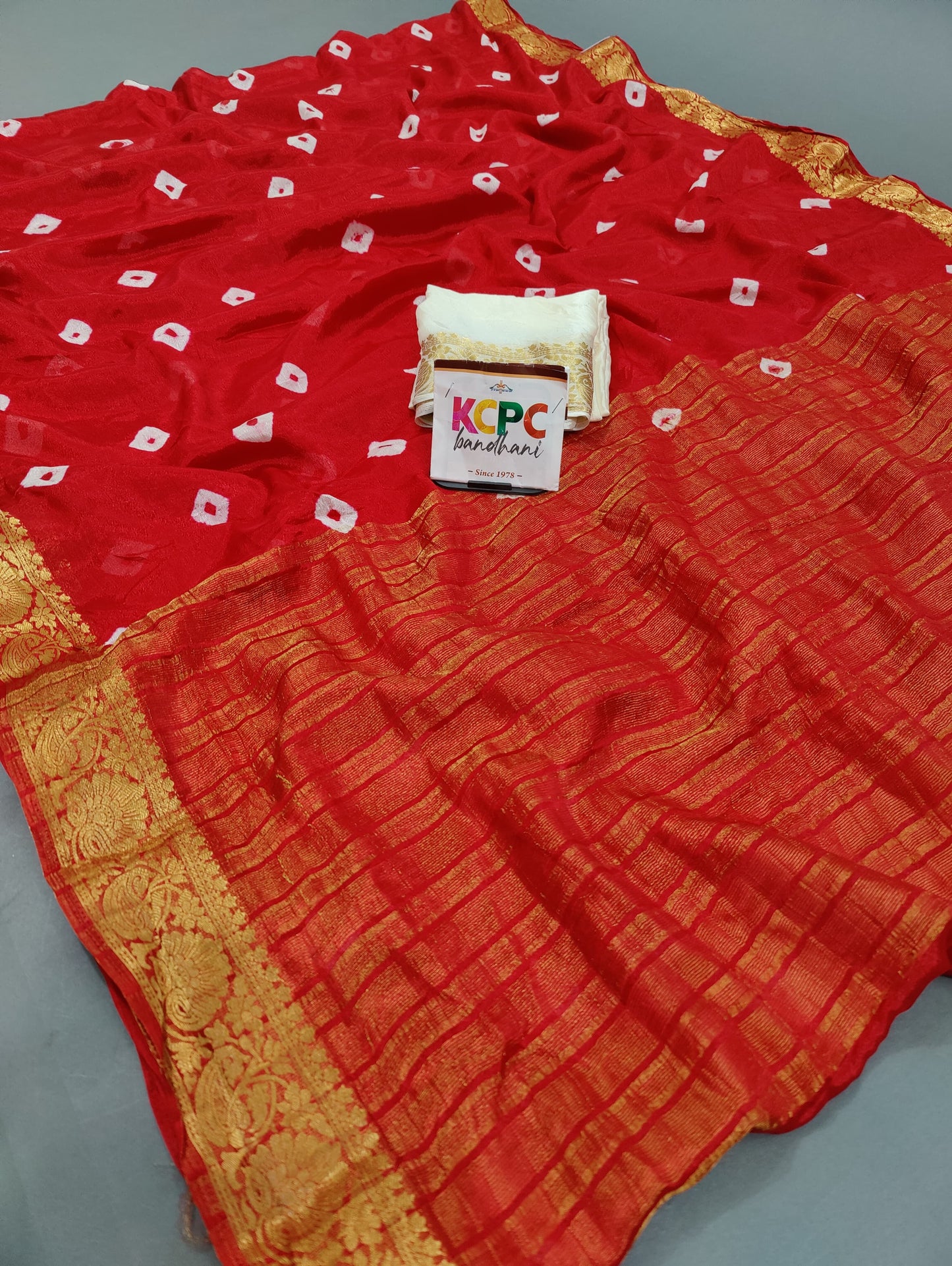 Jaipuri Traditional Chinon Fabric Bandhani Jhankar Saree with Banarasi border Mhs