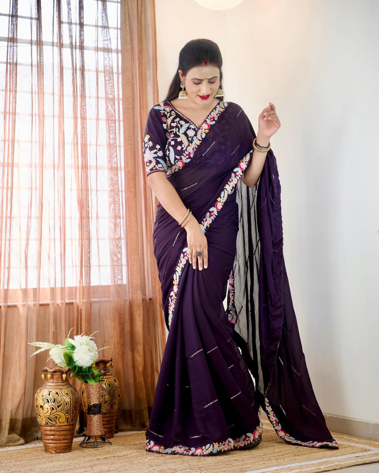 Pure Blooming NATURAL Rangoli silk saree with elegant sequence design on all over the saree Shm