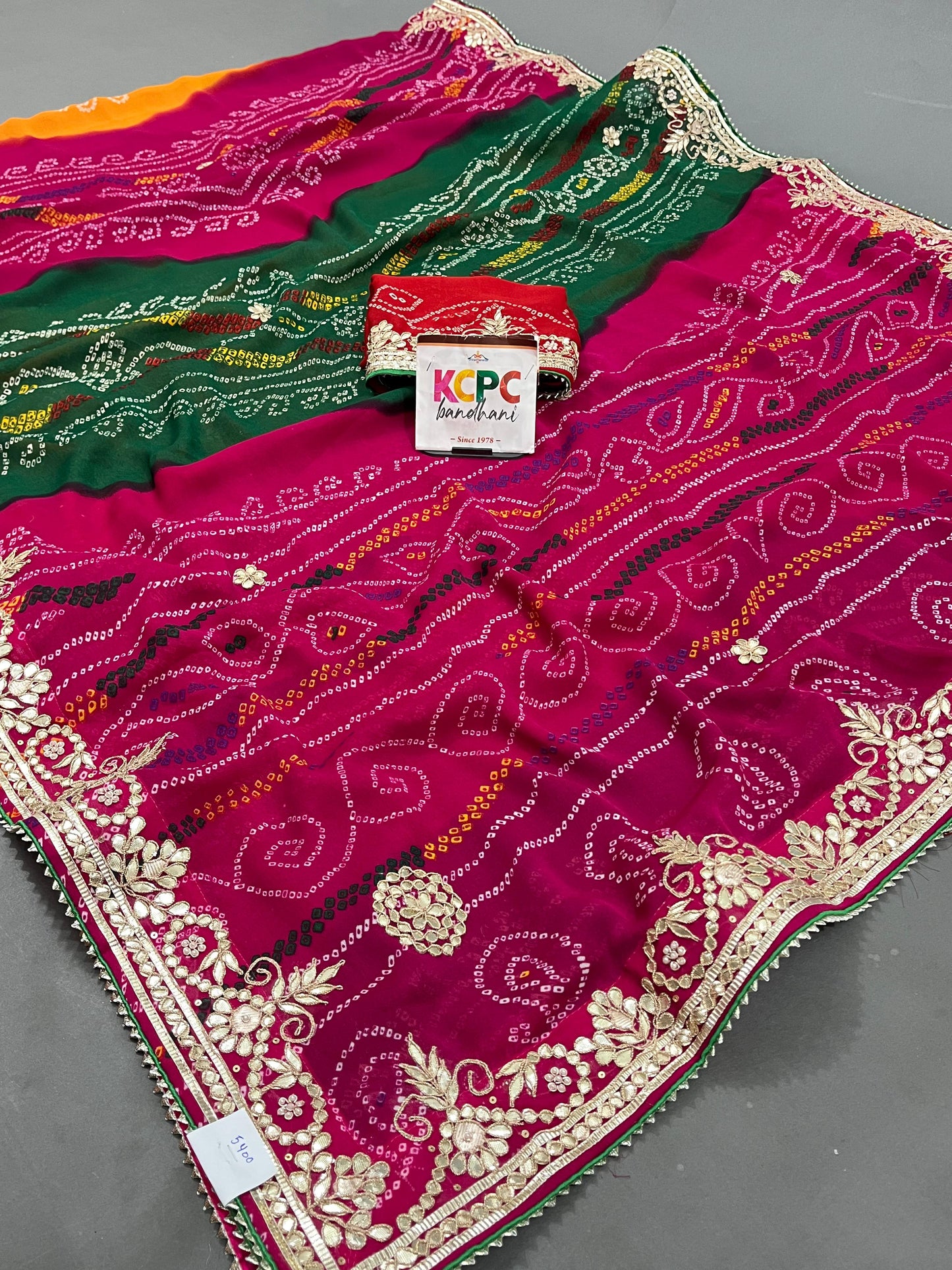 Ethnic Wear Nauranga Bandhej Jaipuri Chunri Saree with Gotapatti Handwork and Blouse amt