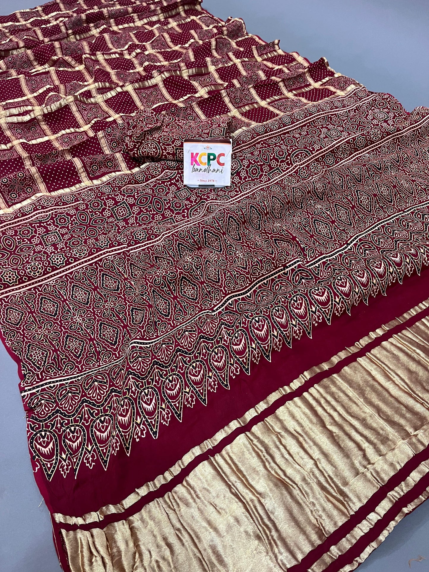 Pure Gaji Modal Silk Ajrakh Print Ghatchola Saree with blouse crafted by kutch bhuj karigars, aad