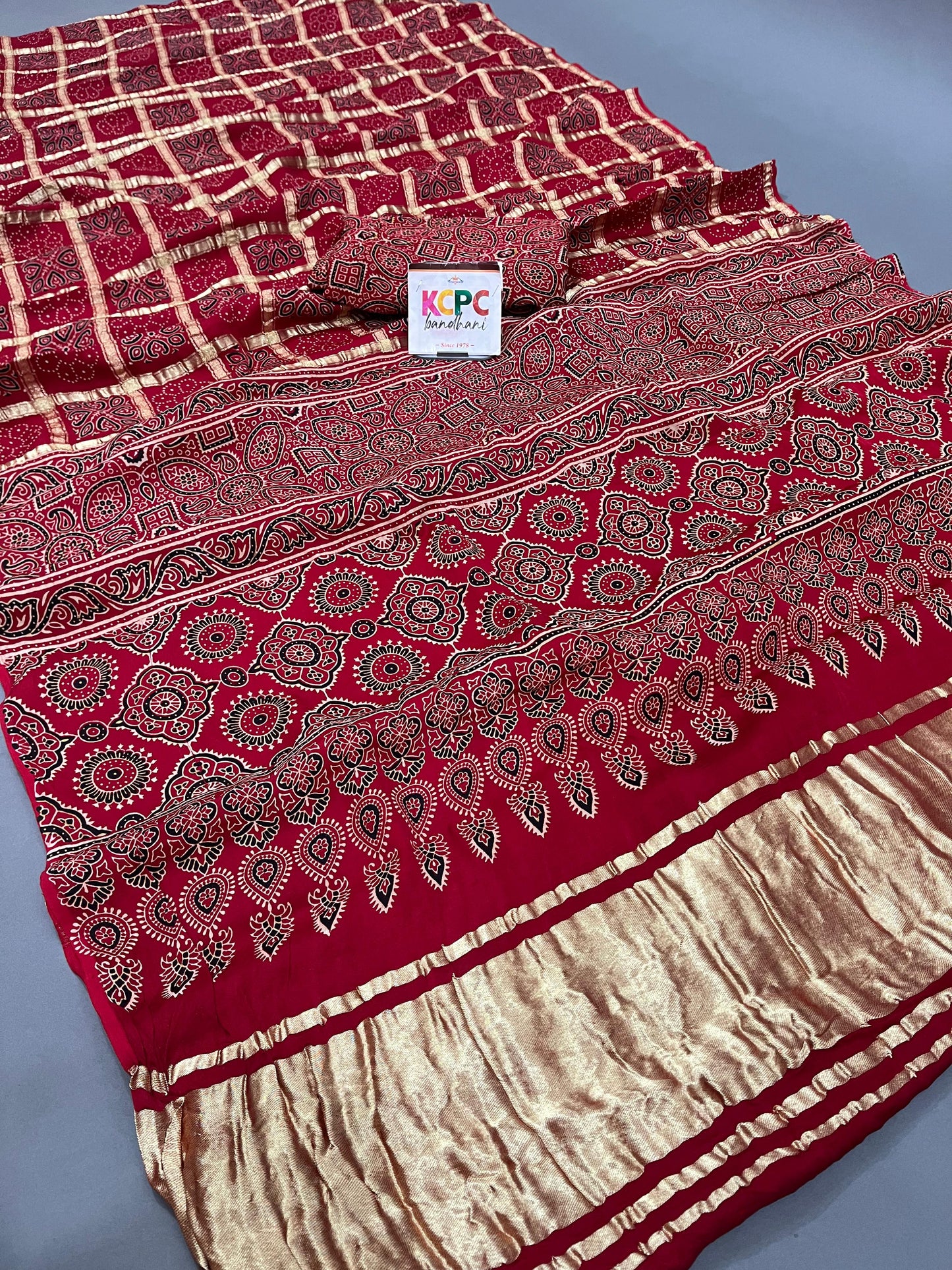 Pure Gaji Modal Silk Ajrakh Print Ghatchola Saree with blouse crafted by kutch bhuj karigars, aad