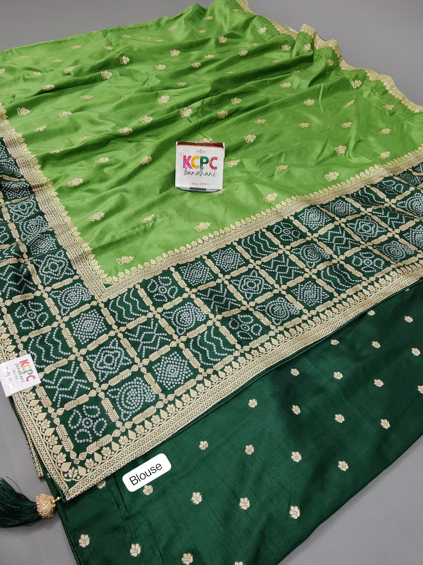 KcPc Exclusive Multicolor Bandhani Semi Gaji Silk Saree with Ghatchola Bandhej Border