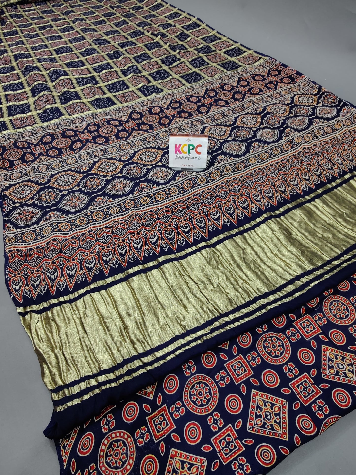 Pure Gaji Modal Silk Ajrakh Print Ghatchola Saree with blouse crafted by kutch bhuj karigars, aad