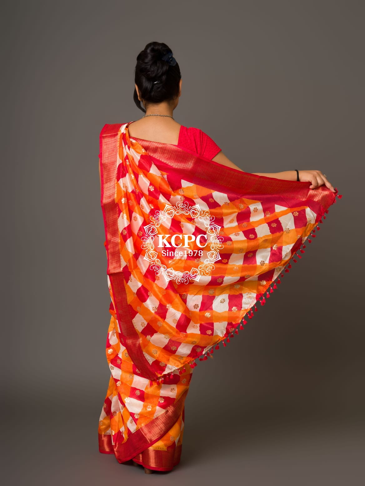 KcPc Originals Latest Bandhani Cum Leheriya Exclusive Banarasi Border Saree with gold   foil work