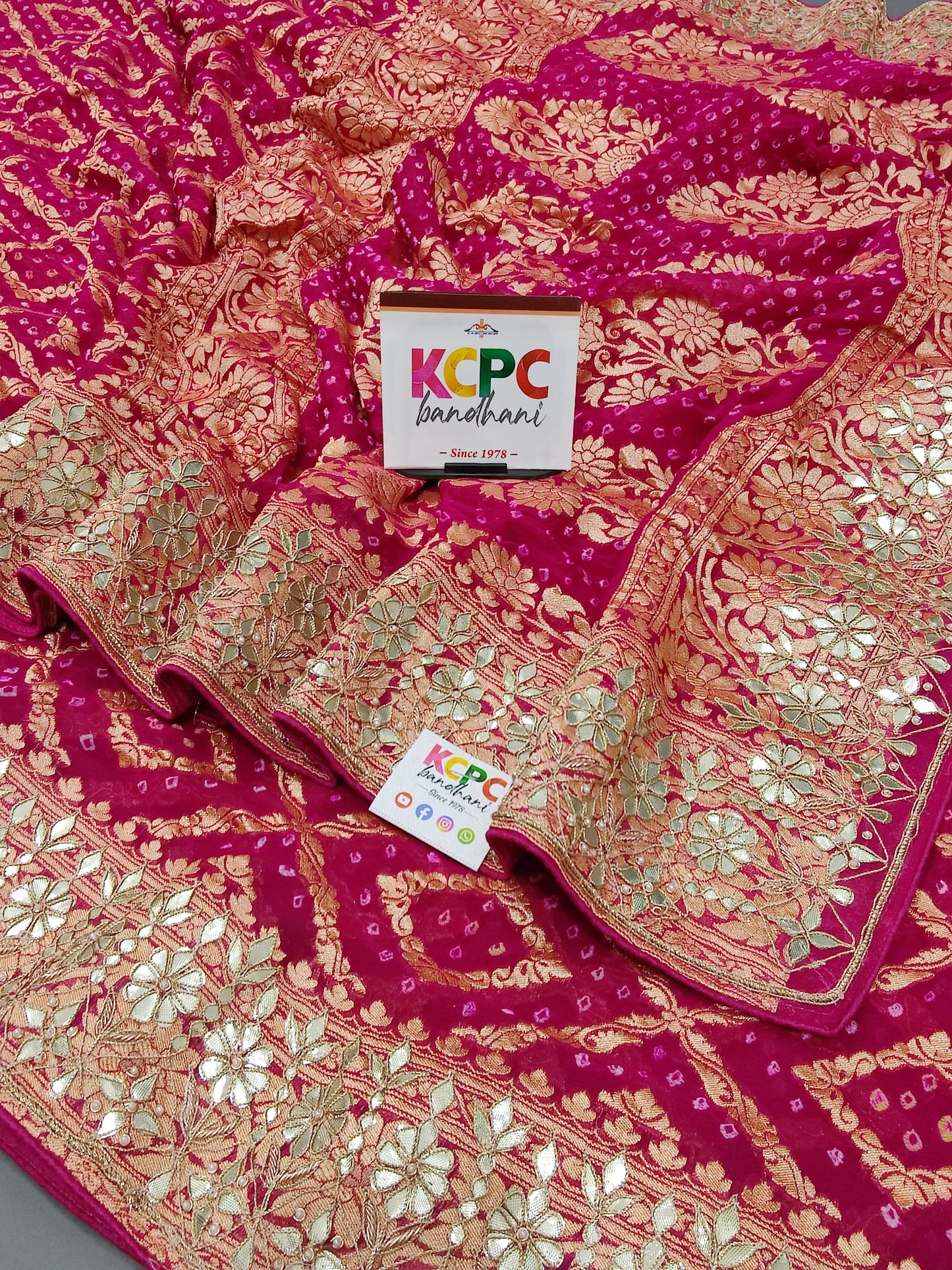 Latest New Pure Khaddi Georgette Neemzari Bandhej Gotapatti work saree with blouse, KCPC, AMT