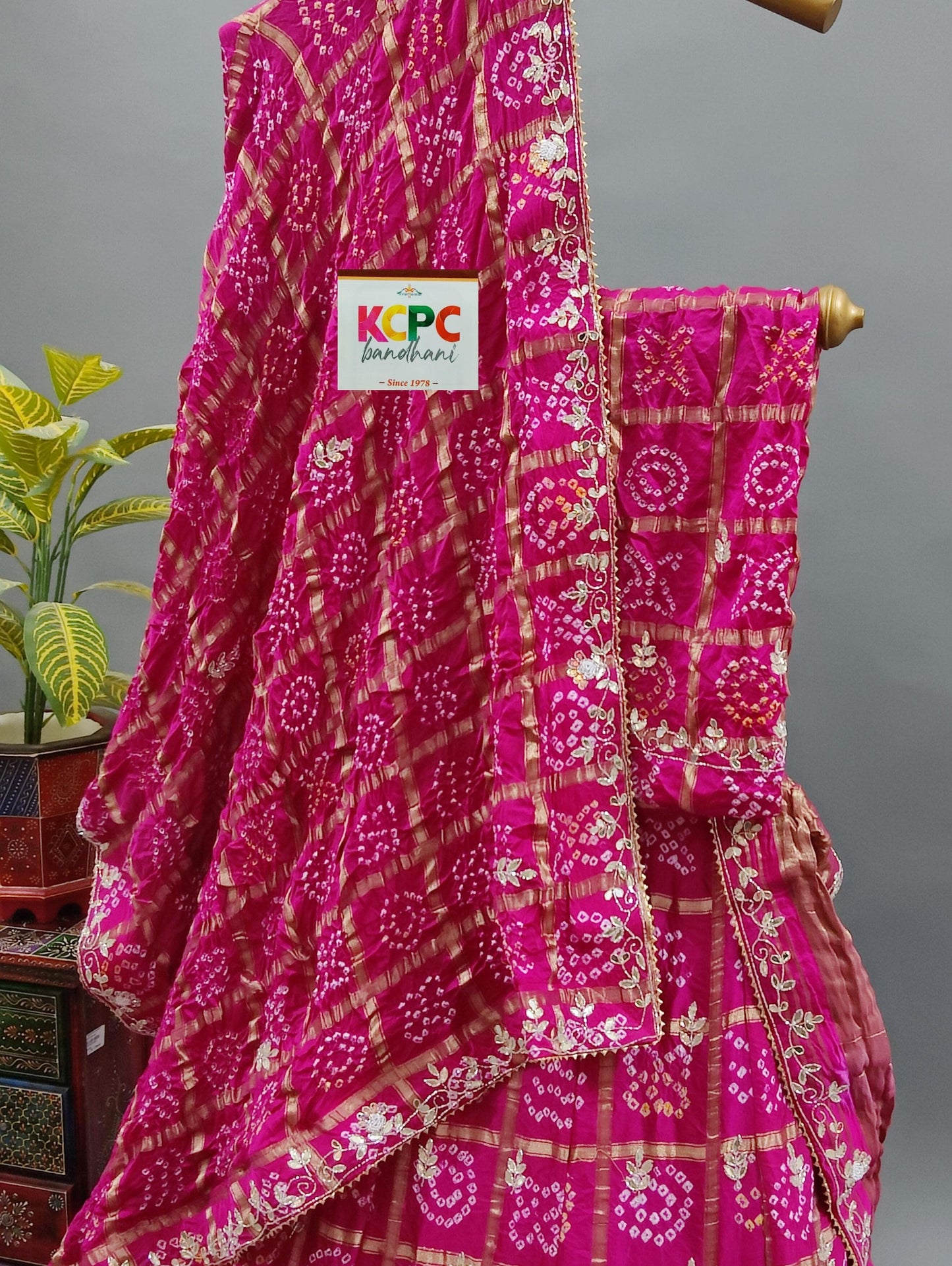 New Launch Designer Jaipuri Gaji Silk Bandhani Ghatchola Lehenga Chunni Set with Heavy Gotapatti Work