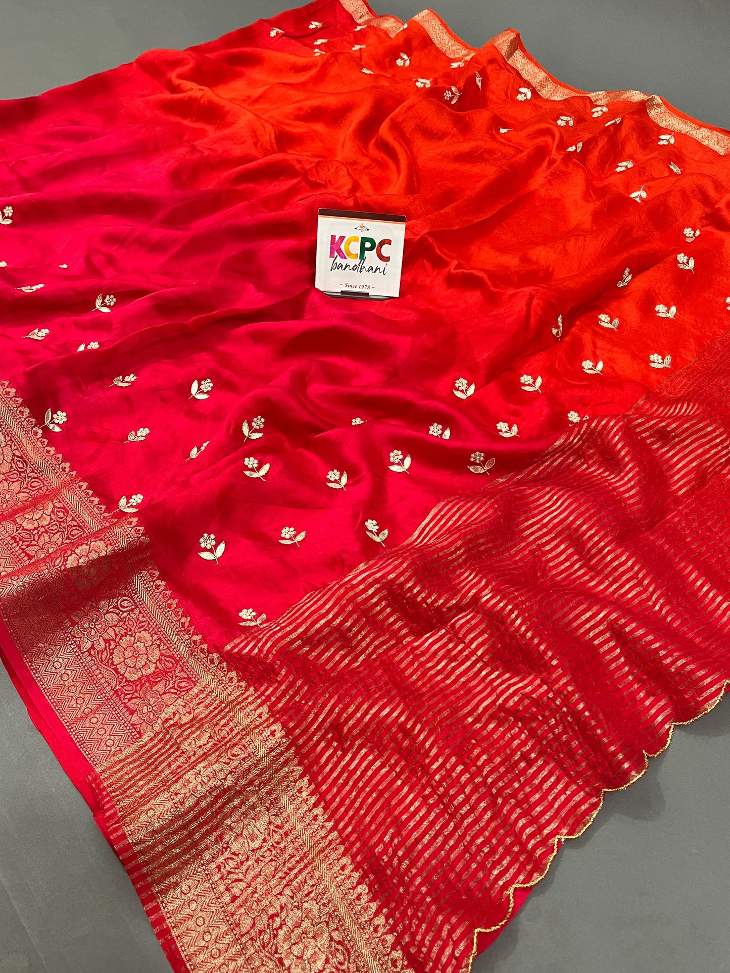 Lalita Designer Saree by KCPC Bandhani in Dola Silk Gotapatti Work and Zardoji Kolkata Butis amt