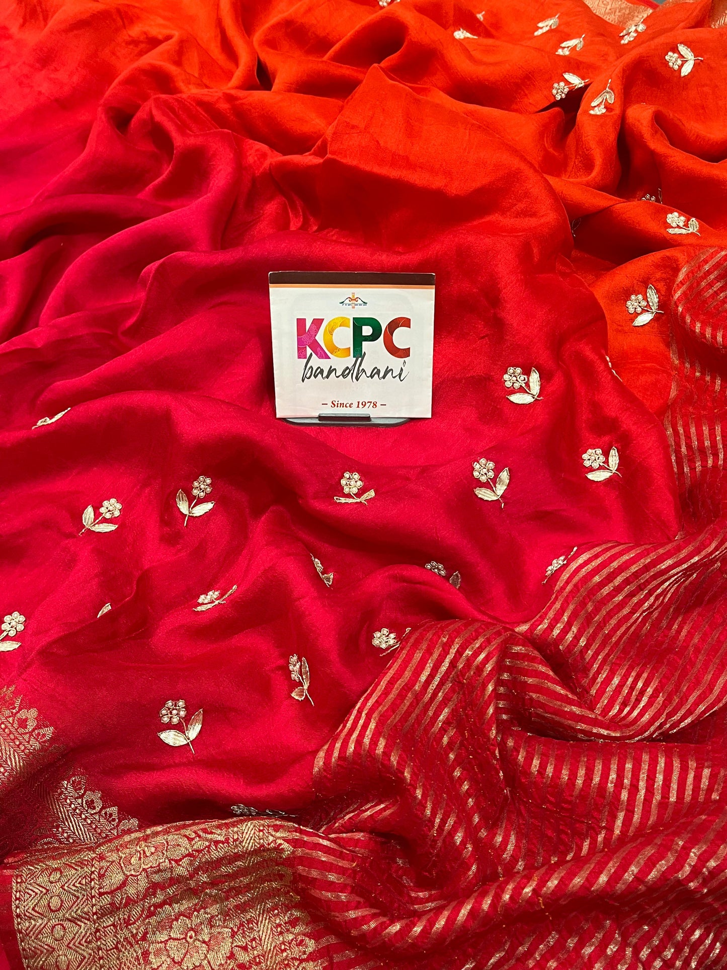 Lalita Designer Saree by KCPC Bandhani in Dola Silk Gotapatti Work and Zardoji Kolkata Butis amt