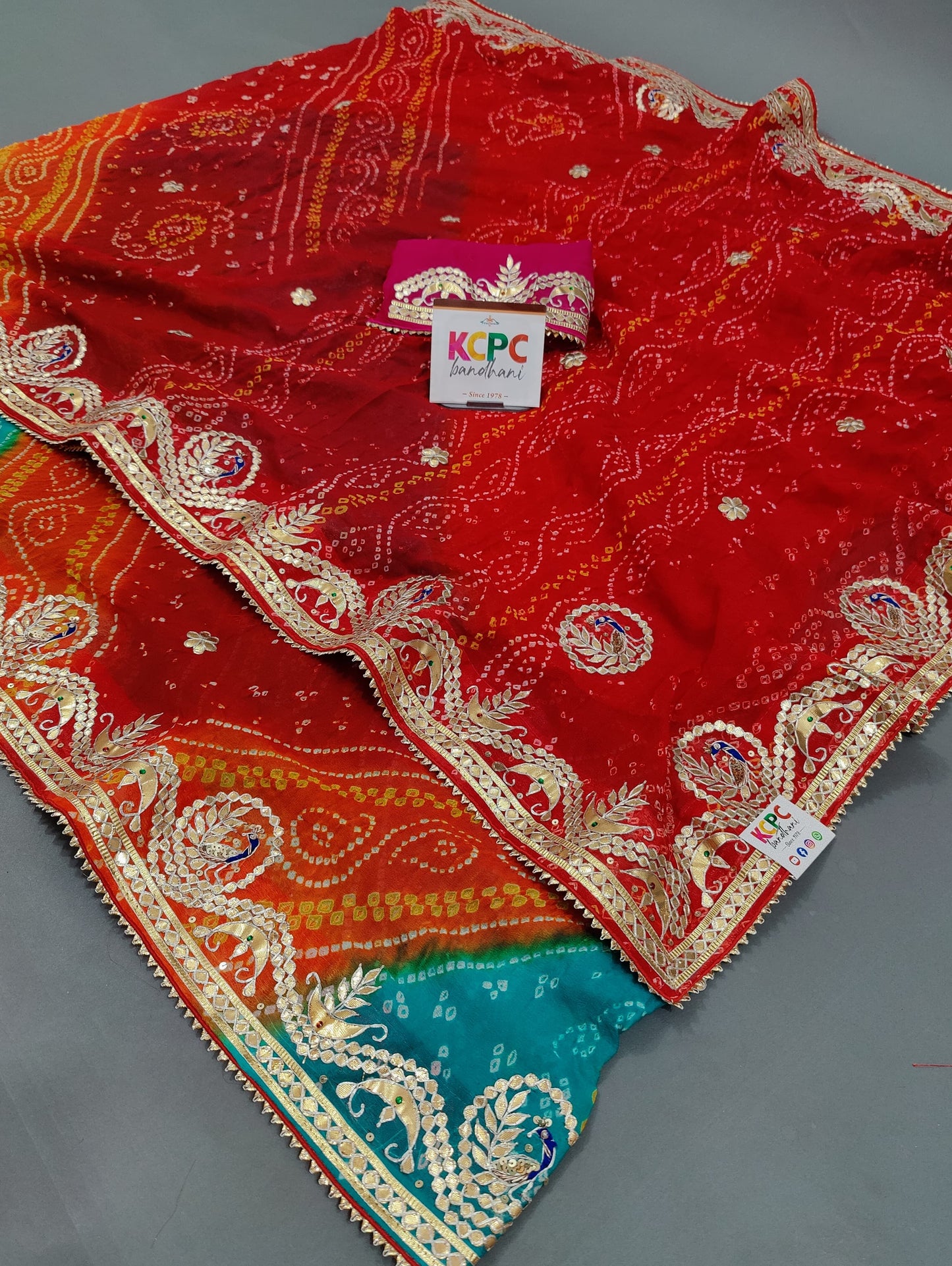 Pure Ojariya Chinon Bandhani Jaipuri Gotapatti Work Wedding Multicolored Chunri Saree with blouse