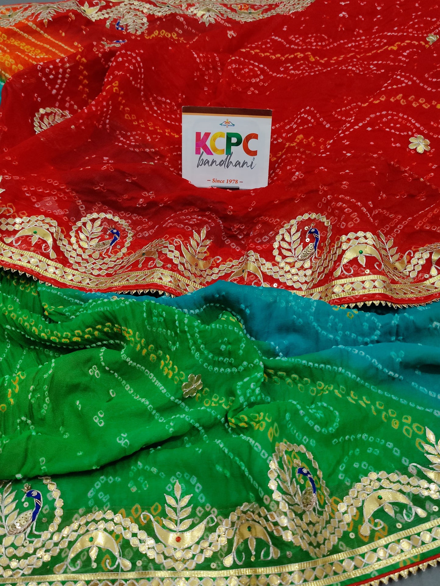 Pure Ojariya Chinon Bandhani Jaipuri Gotapatti Work Wedding Multicolored Chunri Saree with blouse