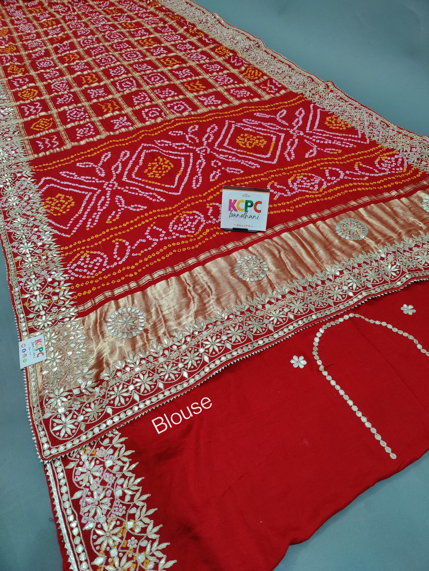 Pure Gaji Silk Bandhani Ghatchola Gotapatti Work Saree with blouse, OR, kcpc