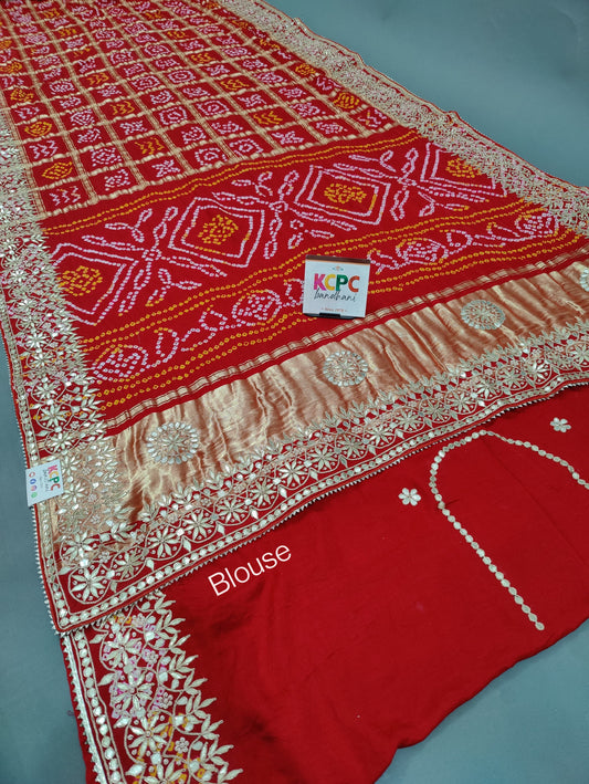 Pure Gaji Silk Bandhani Ghatchola Gotapatti Work Saree with blouse, OR, kcpc