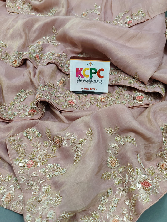 Premium Quality Pure Khaddi Tissue Tussar Banarasi Handloom Saree with Kolkata Zardoji Handwork