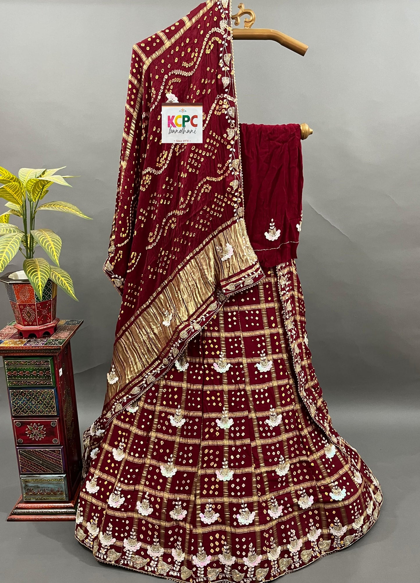 Trending Jaipuri Pure Gaji Silk Bandhani Ghatchola Gotapatti Handwork Lehenga set, BTU