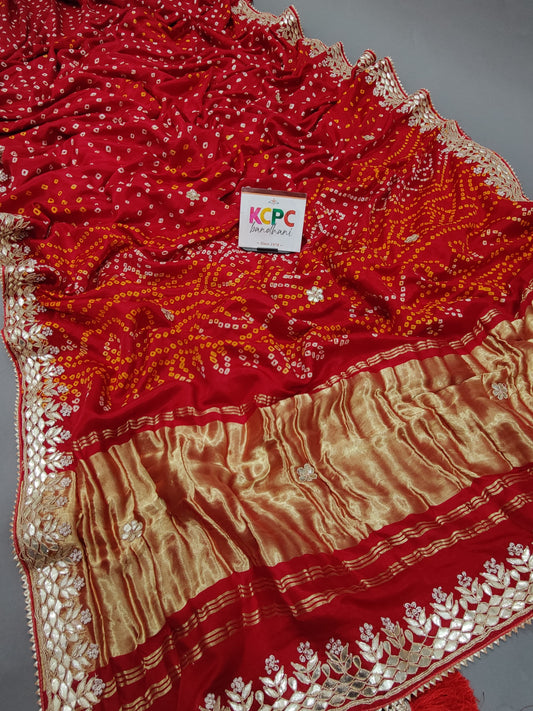 Latest New Pure Gaji Silk Bandhani Ekdana Bandhej Gota Patti Work saree KCPC, Amt*