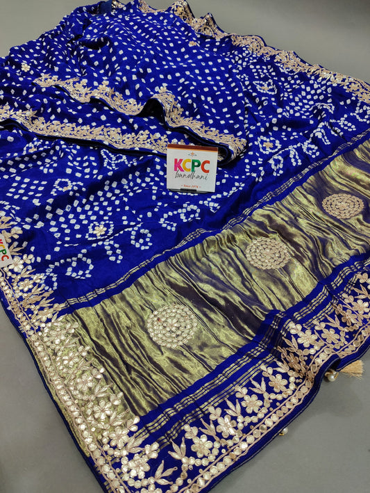 Pure Gaji Silk Bandhani Ekdana Bandhej Heavy Gotapatti Work Saree, AMT