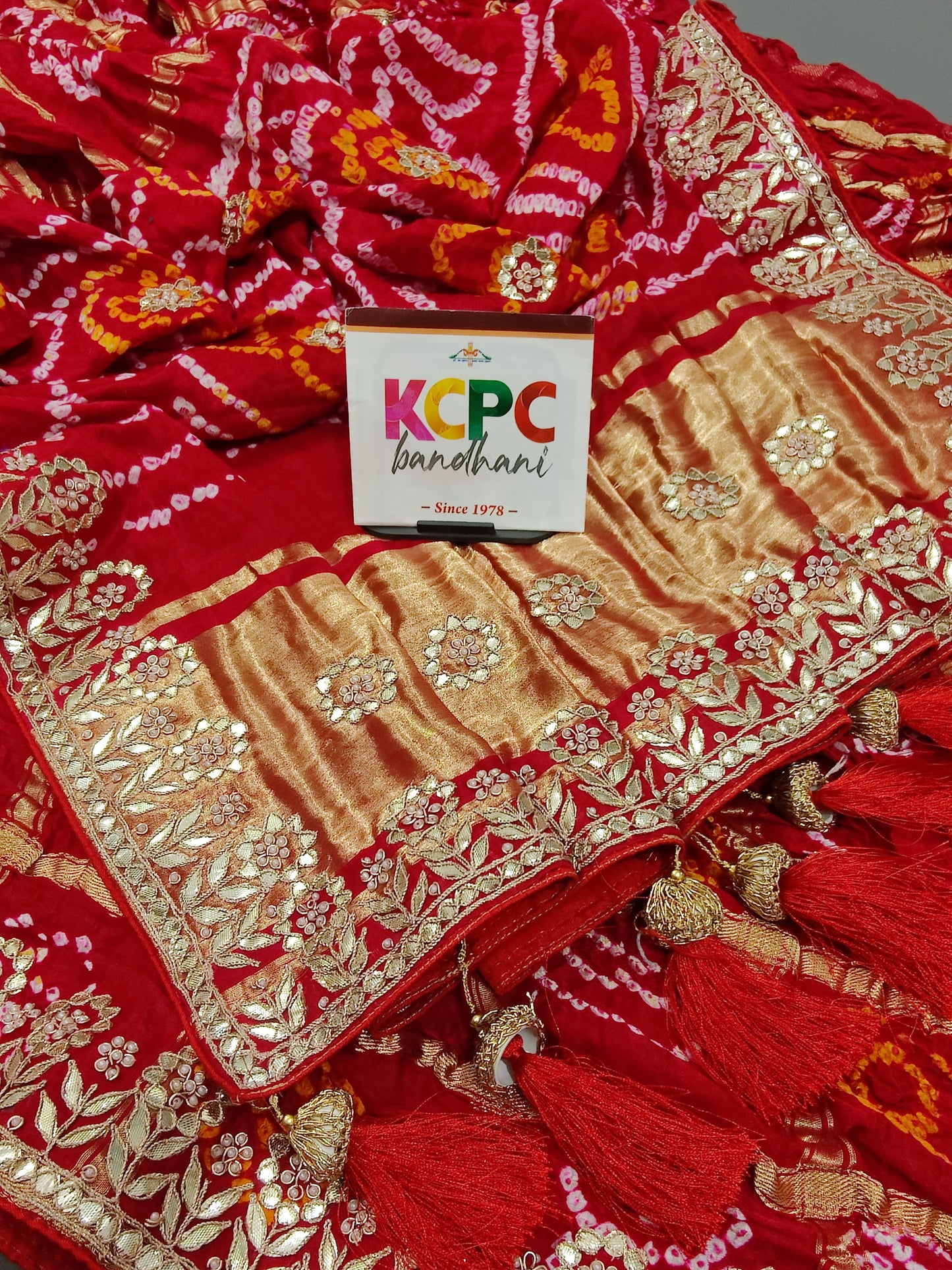 Latest New Pure Gaji Silk Bandhani Gota Patti Work Saree with Blouse KCPC, Amt