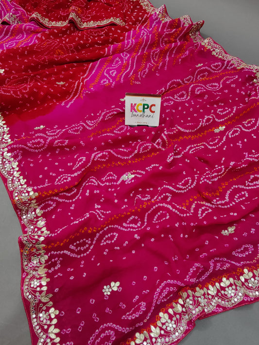 Latest New Pure Ojariya Chinon Gotapatti work Bandhani saree with blouse, KCPC, RG