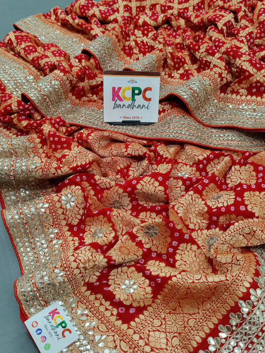 Latest New Pure Khaddi Georgette Neemzari Bandhej Gotapatti work saree with blouse, KCPC, AMT