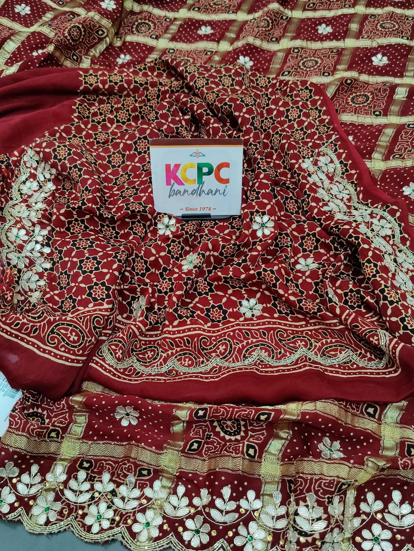 Pure Modal Gaji Silk Bandhani Ajrakh Handblock Saree with Gotapatti Handwork