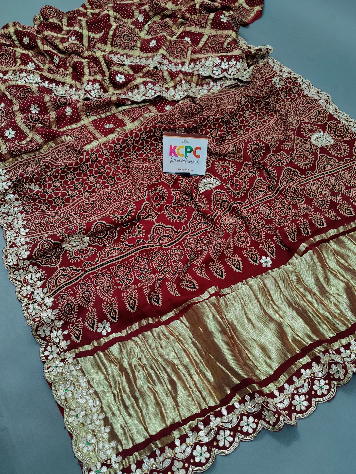 Pure Modal Gaji Silk Bandhani Ajrakh Handblock Saree with Gotapatti Handwork