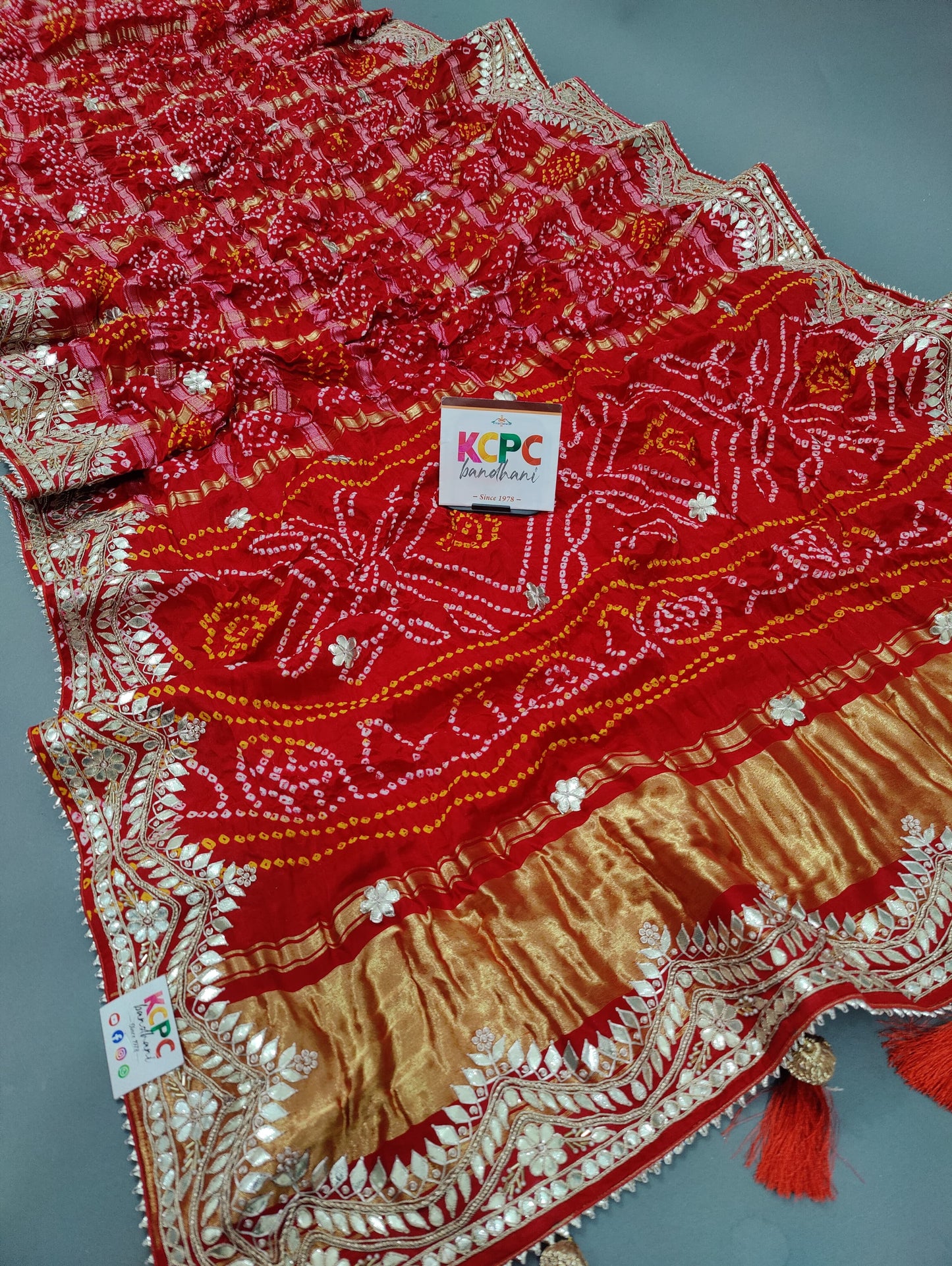 Latest New Pure Gaji Silk Bandhani Ghatchola Gota Patti Work Saree with Blouse KCPC, Amt