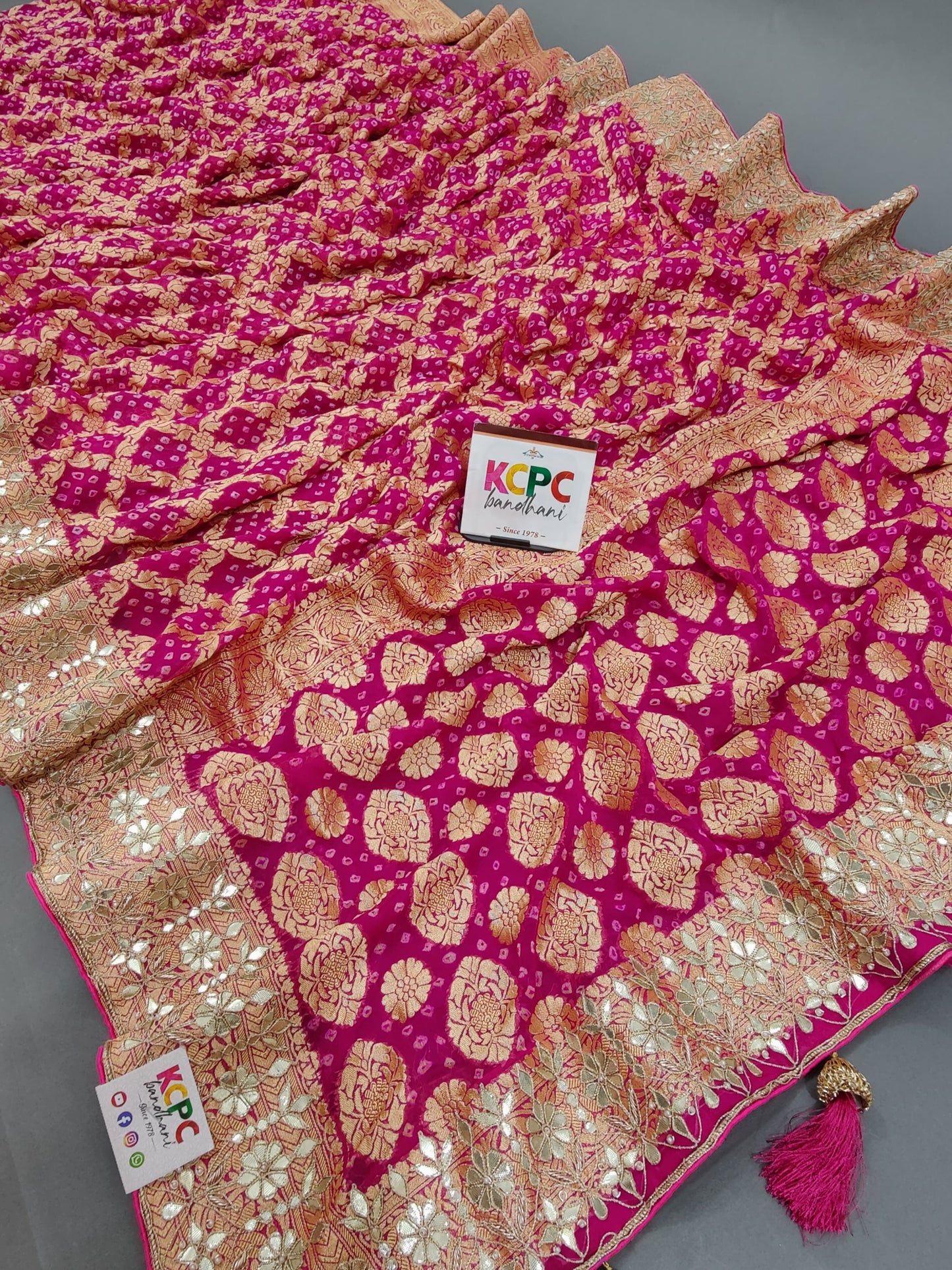 Latest New Pure Khaddi Georgette Neemzari Bandhej Gotapatti work saree with blouse, KCPC, AMT