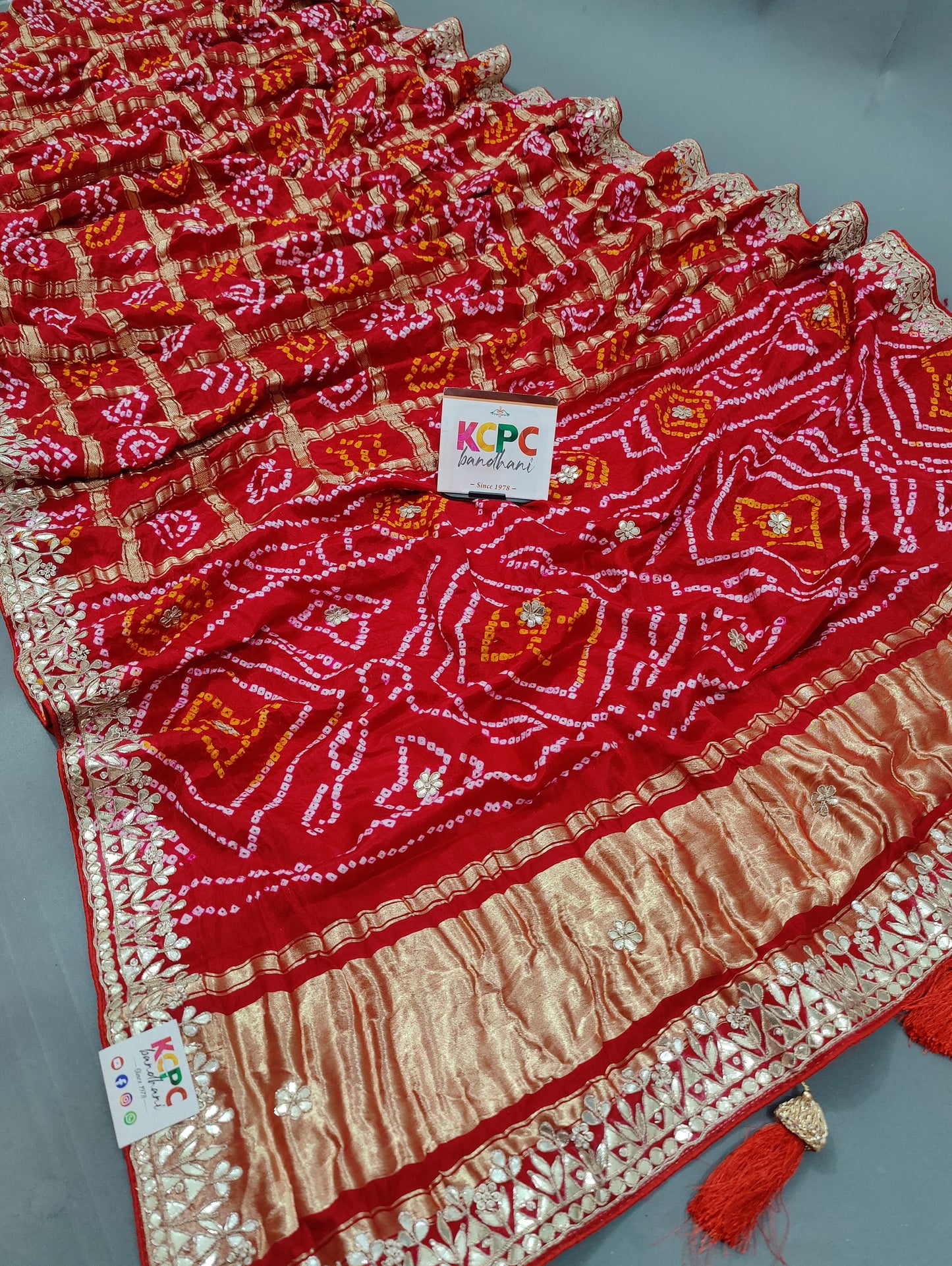 Latest New Pure Gaji Silk Bandhani Ghatchola Gota Patti Work Saree with Blouse KCPC, Amt