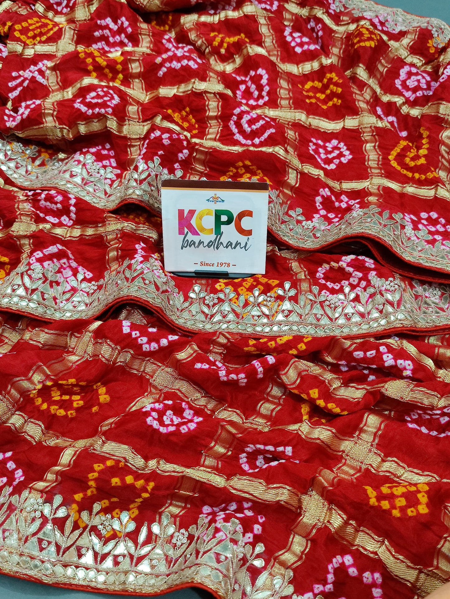 Latest New Pure Gaji Silk Bandhani Ghatchola Gota Patti Work Saree with Blouse KCPC, Amt