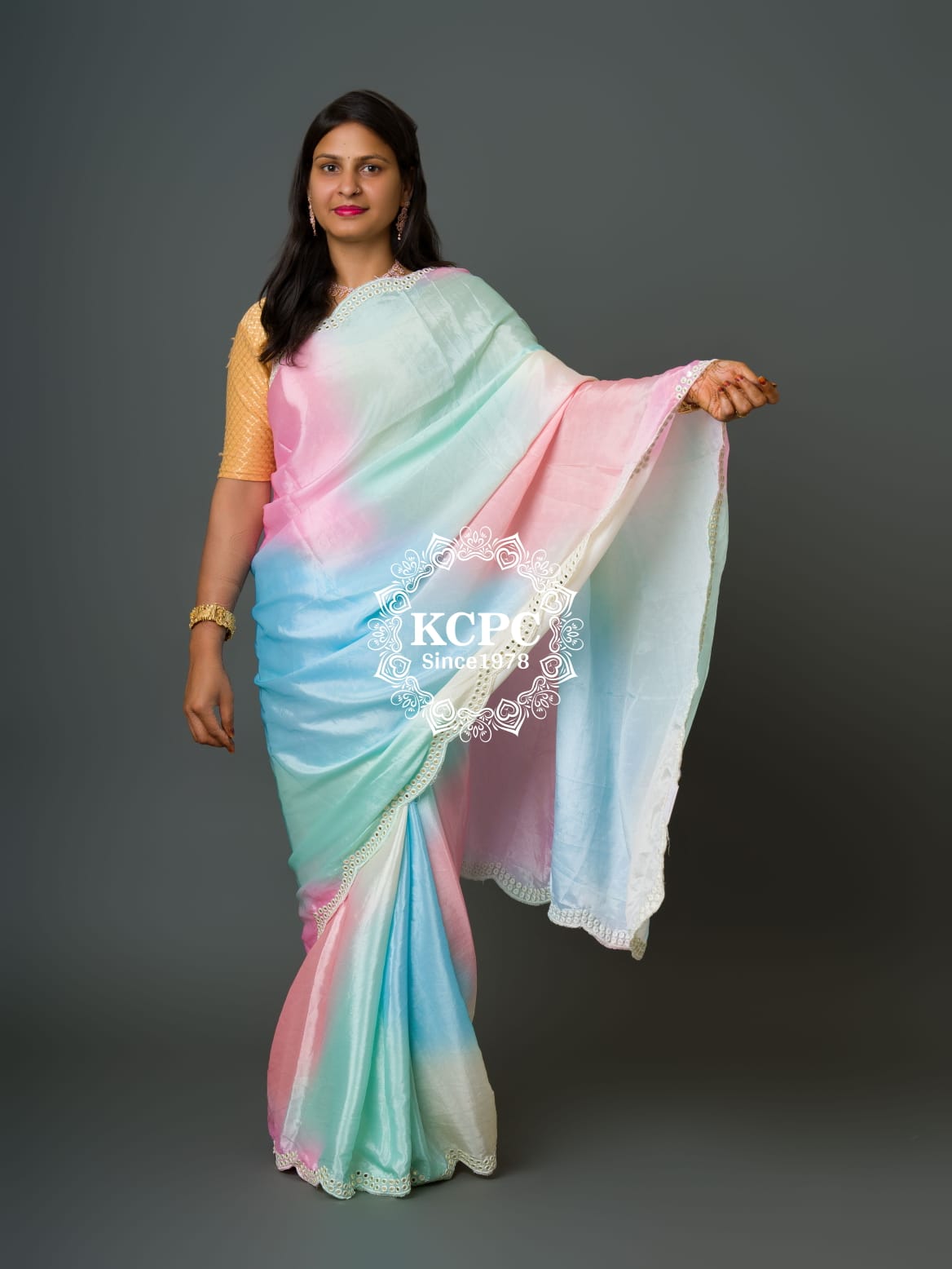 New Crape Silk Multicolor Tie Dye Cutwork Mirror kashida saree with blouse