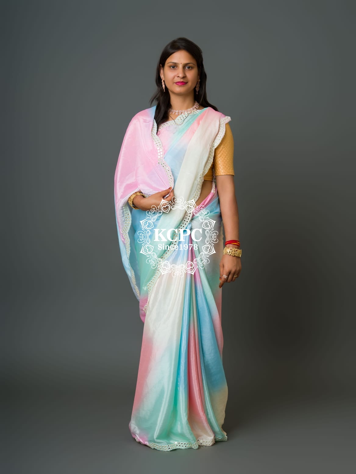 New Crape Silk Multicolor Tie Dye Cutwork Mirror kashida saree with blouse