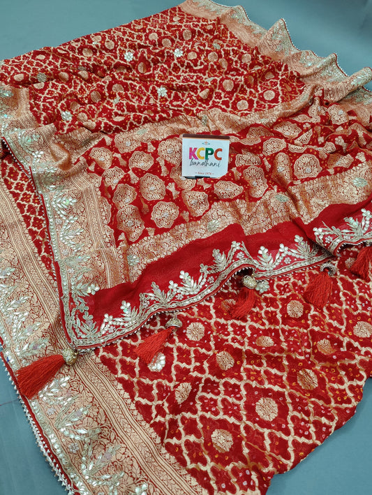 Latest New Pure Khaddi Georgette Neemzari Bandhej Gotapatti work saree with blouse, KCPC, AMT