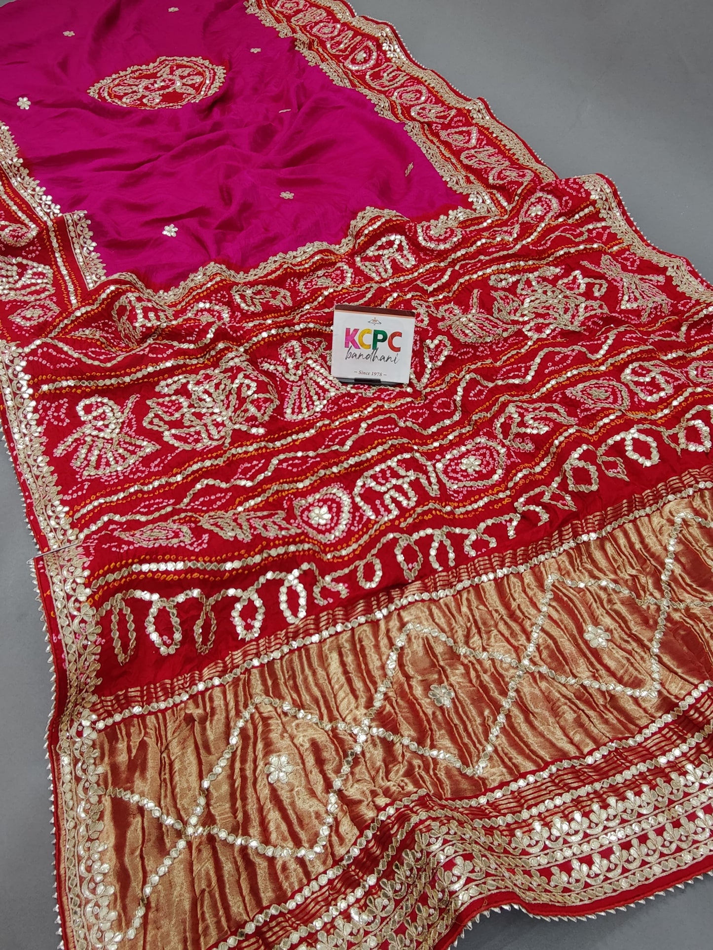 Pure Gaji Silk Handmade Bandhej Piliya Style Gotapatti Work Jaipuri Saree, AMT