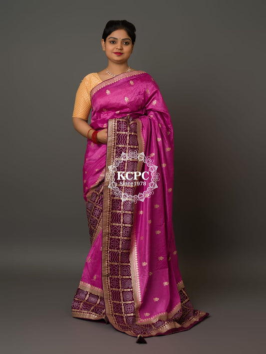 KcPc Exclusive Multicolor Bandhani Semi Gaji Silk Saree with Ghatchola Bandhej Border