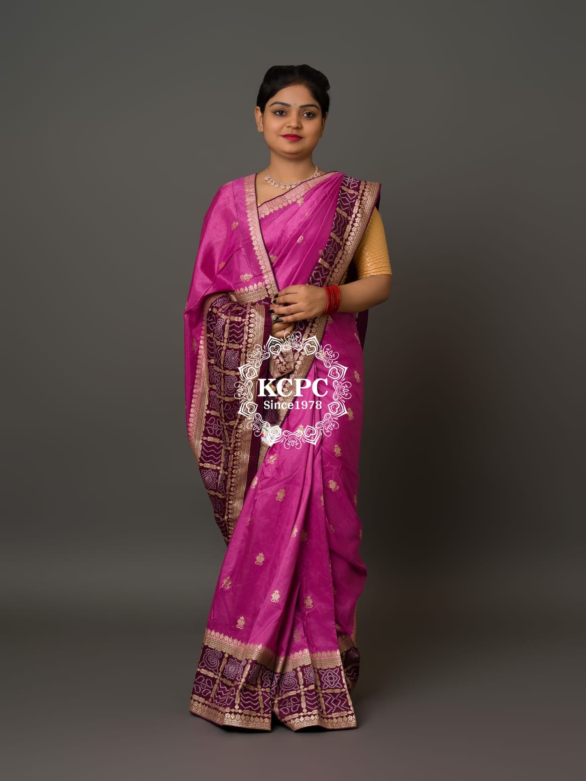 KcPc Exclusive Multicolor Bandhani Semi Gaji Silk Saree with Ghatchola Bandhej Border