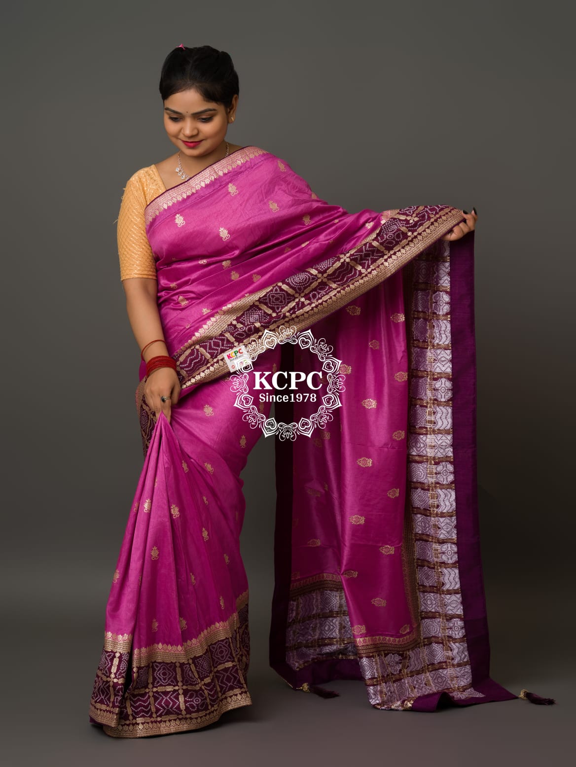 KcPc Exclusive Multicolor Bandhani Semi Gaji Silk Saree with Ghatchola Bandhej Border