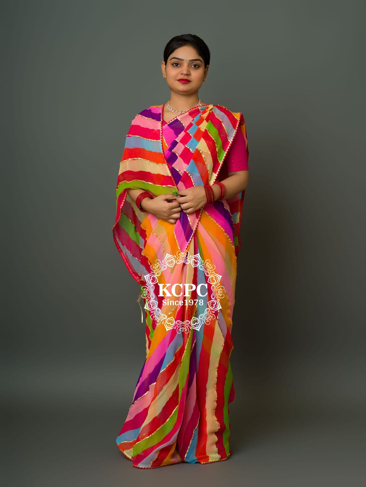 New Chiffon Jaipuri Multicolour Gotapatti Leheriya Saree with blouse san