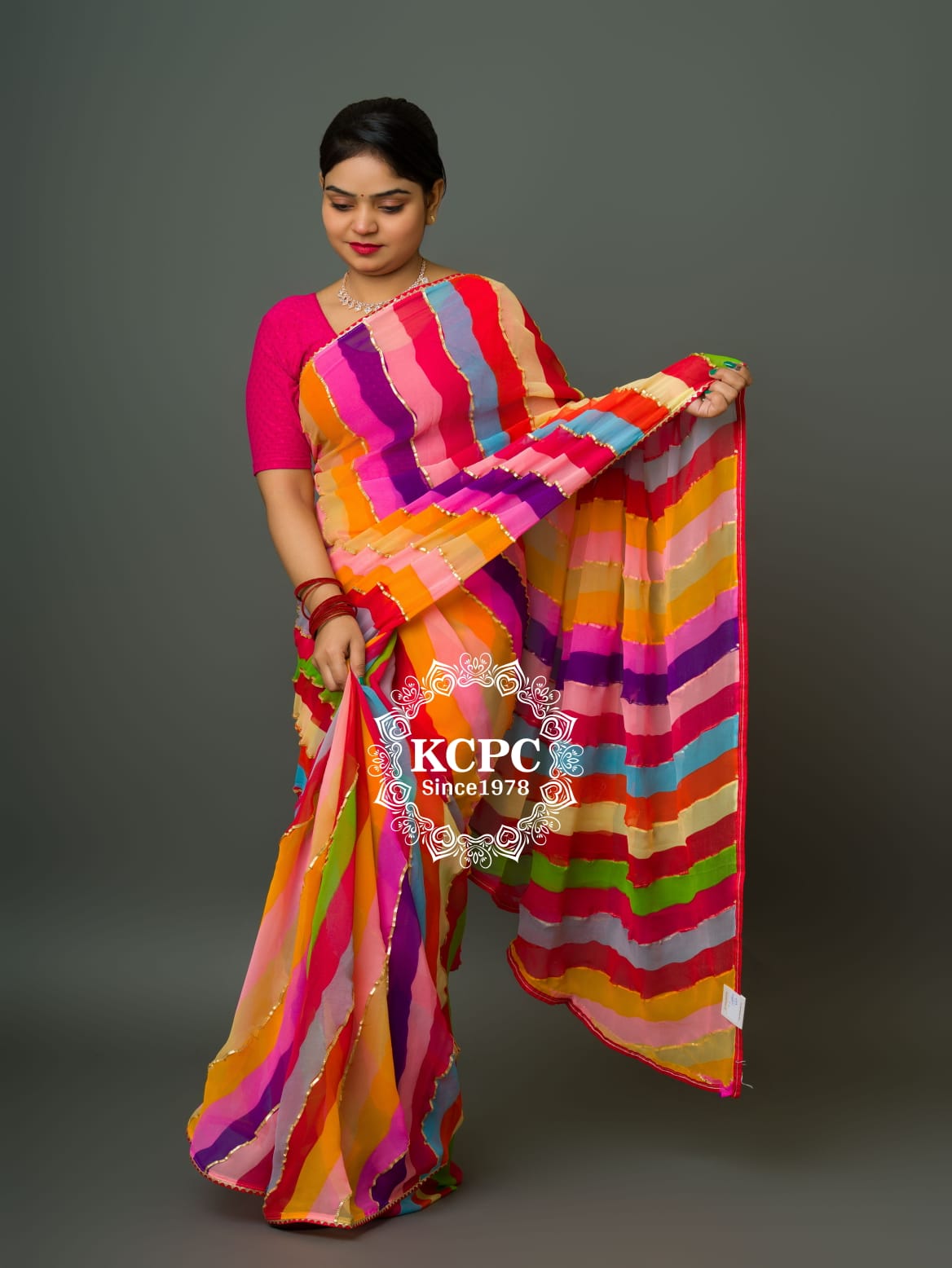 New Chiffon Jaipuri Multicolour Gotapatti Leheriya Saree with blouse san