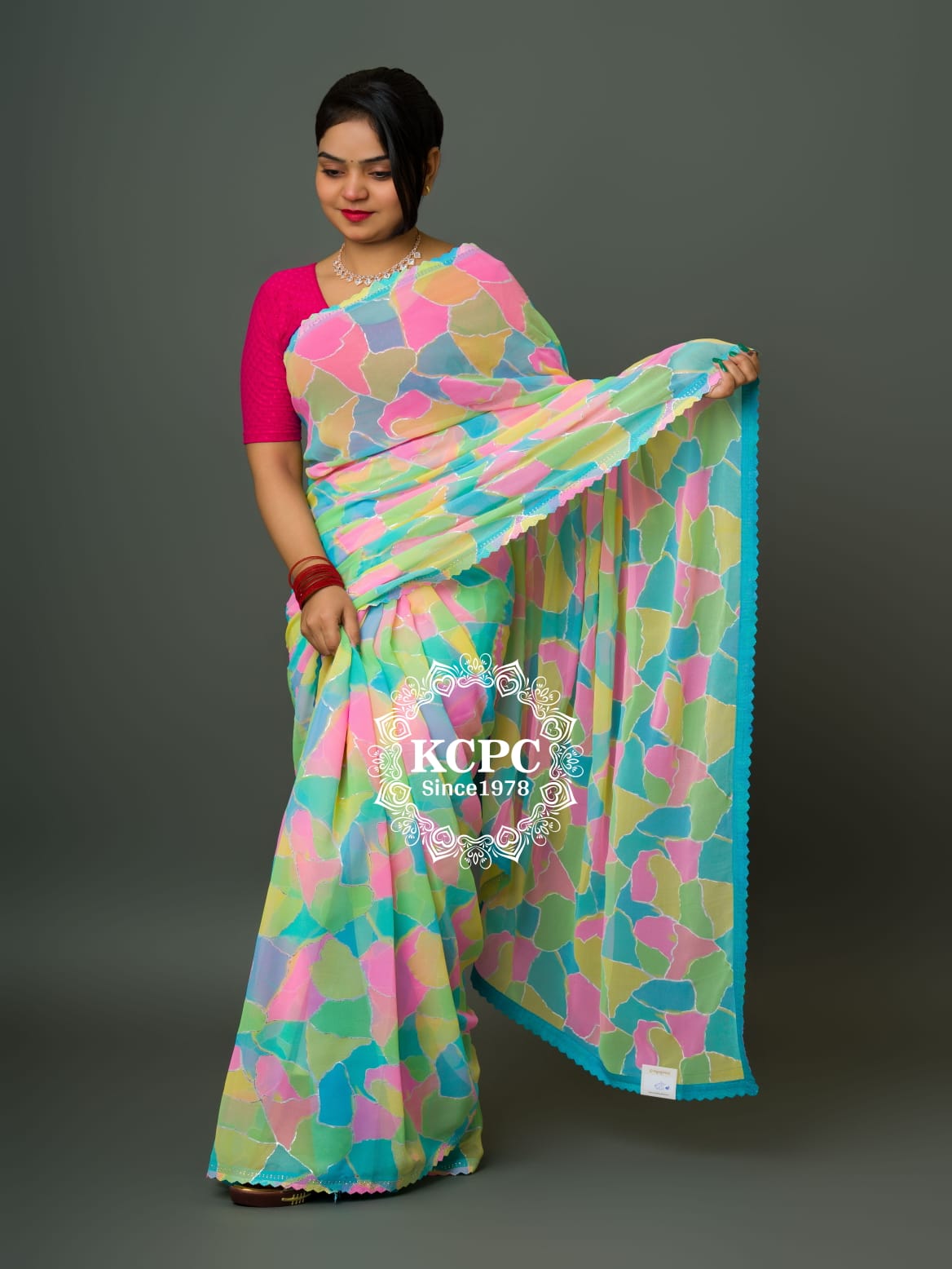 Pure Georgette multi colour saree with siroski border saree