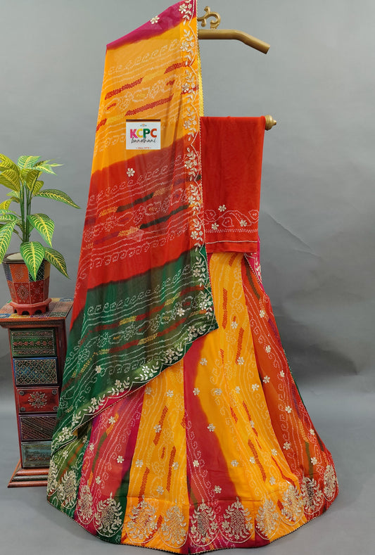 Latest Pachranga Georgette Multicolor Bandhani Gotapatti Lehenga Chunni Set,MHS