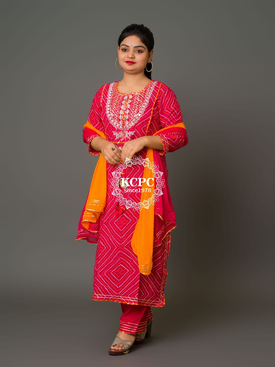 Latest New Launch Rayon Bandhani Ethnic wear Suit with Gotapatti Work Jaipuri Kurti with bottom and dupatta